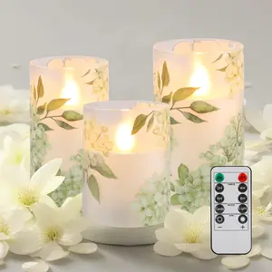 3Pcs Plastic Green Flower Flameless Candles With Remote Control Timer, Battery Powered Candles Flickering LED Candles Floral Christmas Holiday Decoration Electric Pillar Candles, Mother's Day Gift