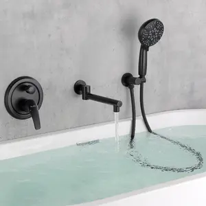 Concealed Bathtub Filler with 7-Setting ABS Hand Shower, 1 Handle In Wall Tub Faucet with 180° Swivel Bath Spout in Brushed Gold, Brushed Nickel, Matte Black