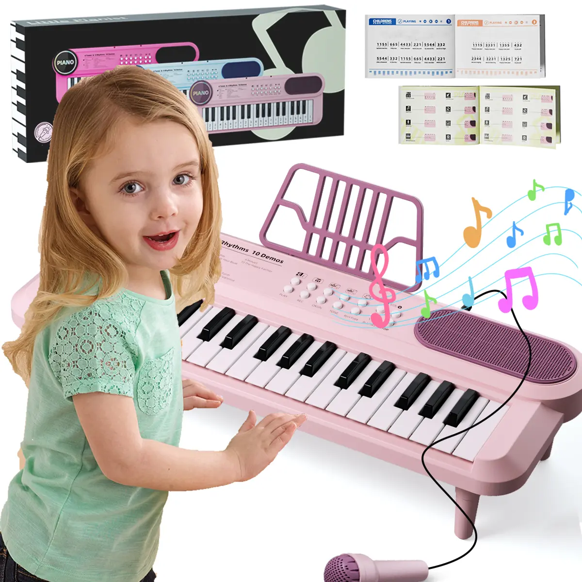 PVC-Free Pink 37-Key Portable Electronic Piano Keyboard for 3-4 Year Old Girls, with Microphone, Electronic Drum, 5 Percussion Instruments, 4 Rhythms, All Seasons Educational Musical Toy for Playtime That Fosters Development, Model A39