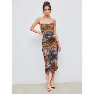 Cider [size 0-10] Mesh Cowl Neck Floral Ruched Cami Maxi Dress