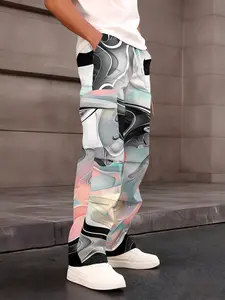 One-piece iridescent ink wash flow pattern Print men's cargo pants with street functional style and multi-pocket design Casual Streetwear Pants