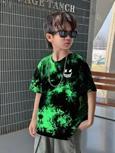 Boys' Tie-Dye Short Sleeve Tee, Gradient Ghost Face Pattern, Casual Breathable Summer Top, Fitted Long Clothing, Short Sleeves, Funny Graphic Tee