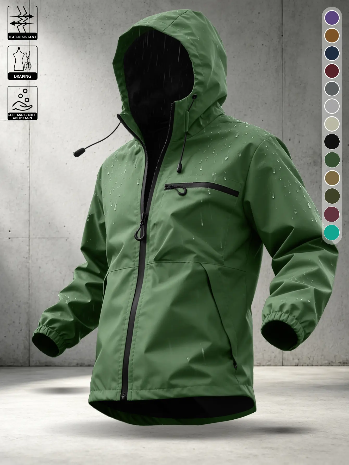 Men’s solid-color hooded jacket for spring and autumn, featuring an adjustable drawstring windproof hood, ribbed elastic cuffs and hem, a relaxed drop-shoulder silhouette—ideal for commuting, walking, short camping trips, and urban strolls.