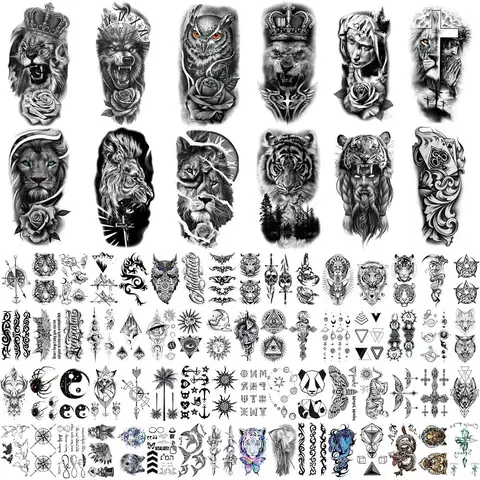 76 Sheets Large Black Temporary Tattoo Stickers - Tribal Wolves, Tigers, Lions, Snakes, Skulls, 12 Fake Tattoo Stickers for Men & Women Arm Designs