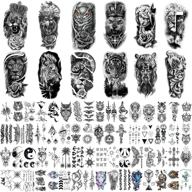 76 Sheets Large Black Temporary Tattoo Stickers - Tribal Wolves, Tigers, Lions, Snakes, Skulls, 12 Fake Tattoo Stickers for Men & Women Arm Designs