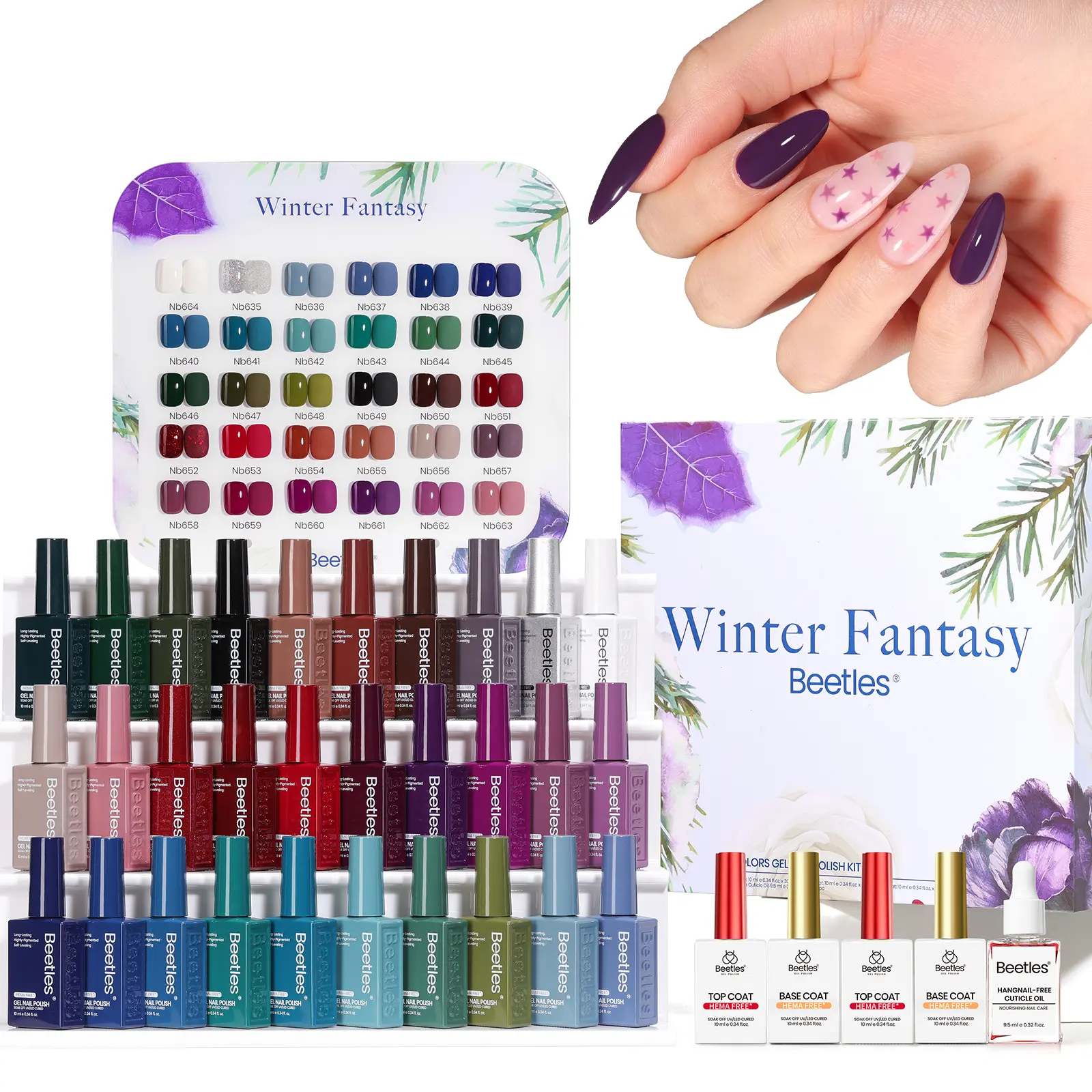Beetles Spring Gel Polish Set - 35PCS HEMA-Free 10ml Soak Off UV LED Nail Art Kit, 30 Colors HEMA-Free Winter Fantasy Metallic Berry Red Caramel Shades, Smooth Glossy Base Top Coat & Cuticle Oil Manicure Gift