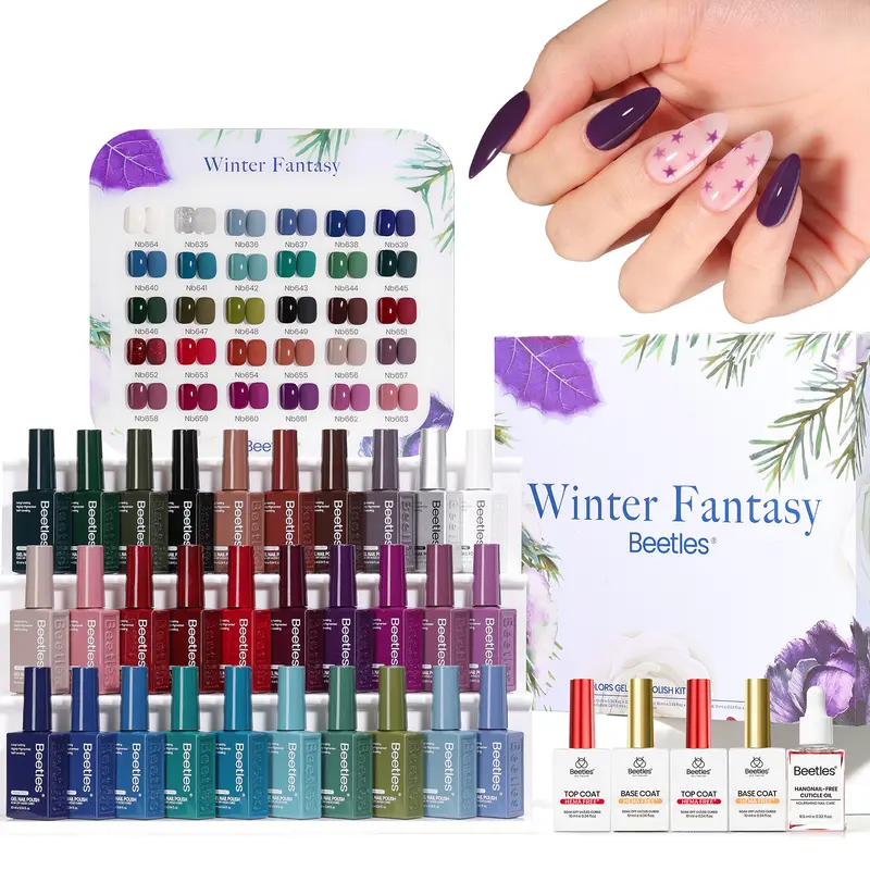 Beetles Spring HEMA-Free High Pigmentation Gel Nail Polish Set (35PCS 10ml Smooth Bottles) - Soak-Off UV LED Cure Formula, 30 Assorted Shades, Glossy Base Coat, Top Coat, Cuticle Oil for At-Home Manicure, Nails Inspo Selfcare Gift