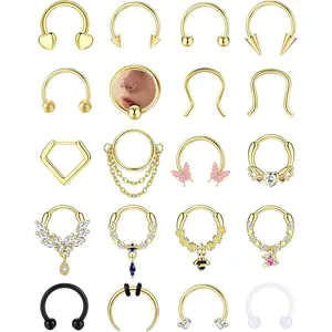 BESTEEL 20Pcs Gold Septum Rings 16G Small Septum Jewelry Surgical Steel Septum Clicker Dangle Nose Rings Hoops for Women Men Cute Star Bee CZ Heart Butterfly Chain Septum Rings Septum Piercing Jewelry Dainty Decoration