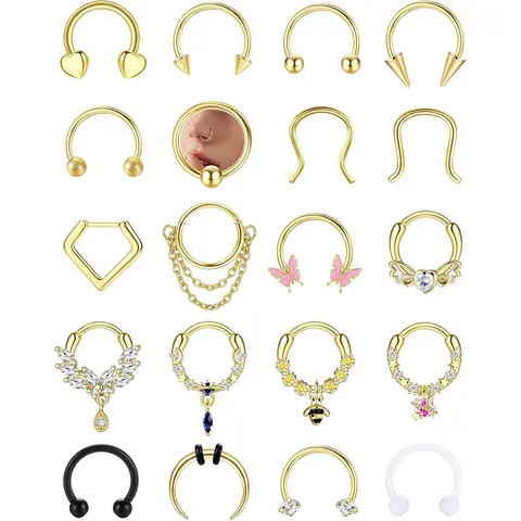 BESTEEL 20Pcs 16G Gold Hypoallergenic Surgical Steel Septum Clickers - Small Nose Ring Piercing Jewelry, Nose Hoop Piercing Jewelry, Star Bee CZ Heart Butterfly Chain Dangle for Women Men