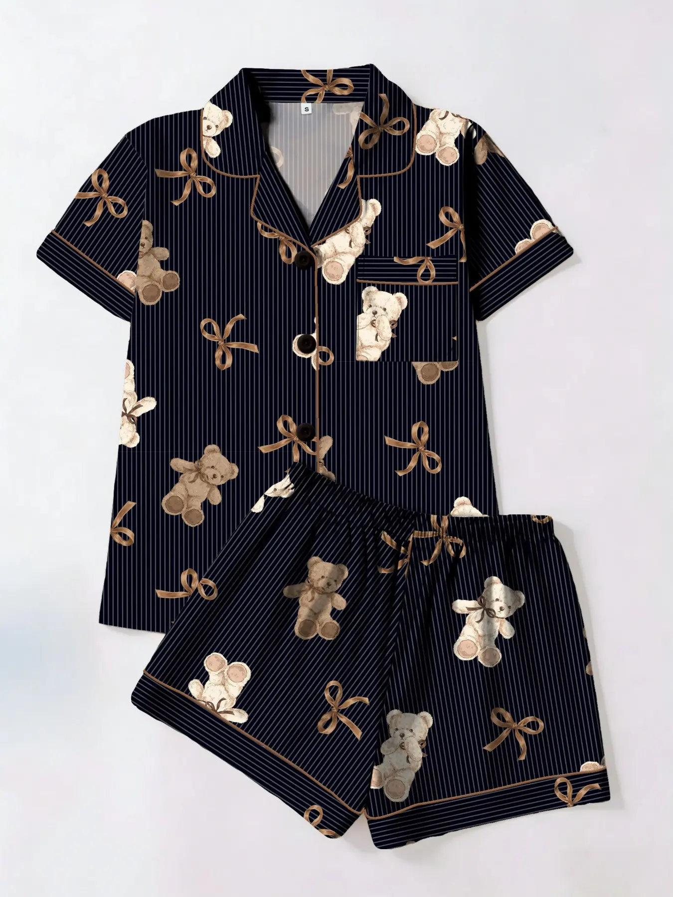 Trendy Gold Striped Bear Bow Tie Printed Fitted Sleepwear Pajama Loungewear Set, Short Sleeve & Shorts Two-Piece, All-Season Comfortable Homewear