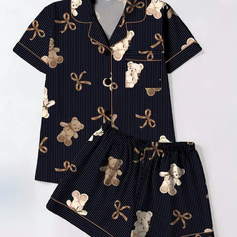 Trendy Gold Striped Bear Bow Tie Printed Fitted Sleepwear Pajama Home Clothes Loungewear Set, Short Sleeve & Shorts Two-Piece, All-Season Comfortable Homewear