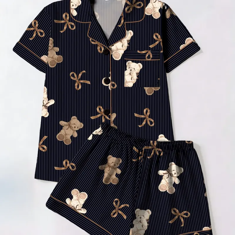 Trendy Gold Striped Bear Bow Tie Printed Fitted Sleepwear Pajama Home Clothes Loungewear Set, Short Sleeve & Shorts Two-Piece, All-Season Comfortable Homewear