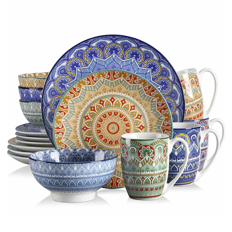 Vancasso 16-Piece Mandala Dinner Set for 4 – Boho Colorful Ceramic Cutlery Home Tableware with Plates, Bowls, & Mugs Kitchenware Dishes Multicolor
