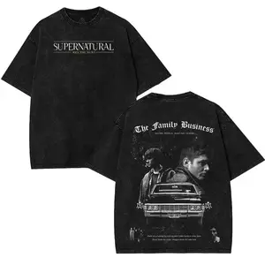 Black Washed Supernatural Winchester Brothers Impala The Family Business Vintage Grunge Dark Paranormal Graphic T Shirt Oversized Cotton Crewneck Tee Streetwear Top for Alt Gothic Streetwear Fans and Casual Daily Outings