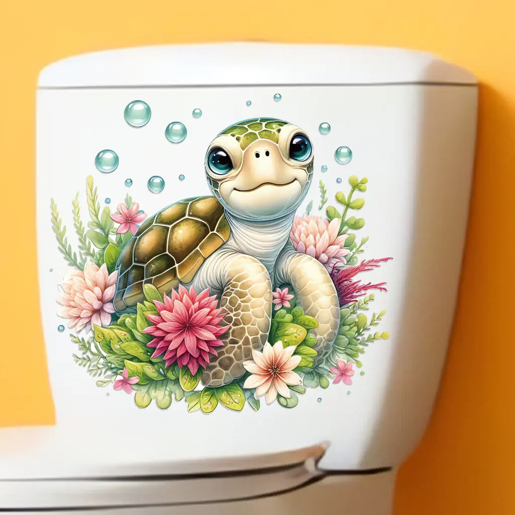 1pc Cute Turtle Toilet Sticker In Flowers Is Suitable For Home Decoration, Outdoor Decoration, Glass Decoration, Etc Self-adhesive and removable, suitable for DIY stickers, adding fun and vitality to life. Bathroom Decoration Supplies Bathroom Accessory