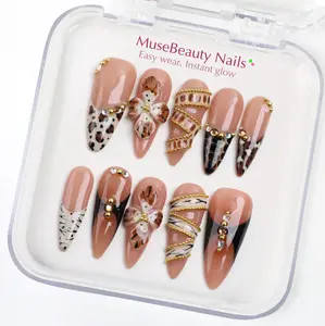 GJ14-Wild Blossom Sharp Almond Stiletto Collection – Nude Leopard Floral Sharp Almond Press-On Nails | Soft Glam Luxury Reusable Set