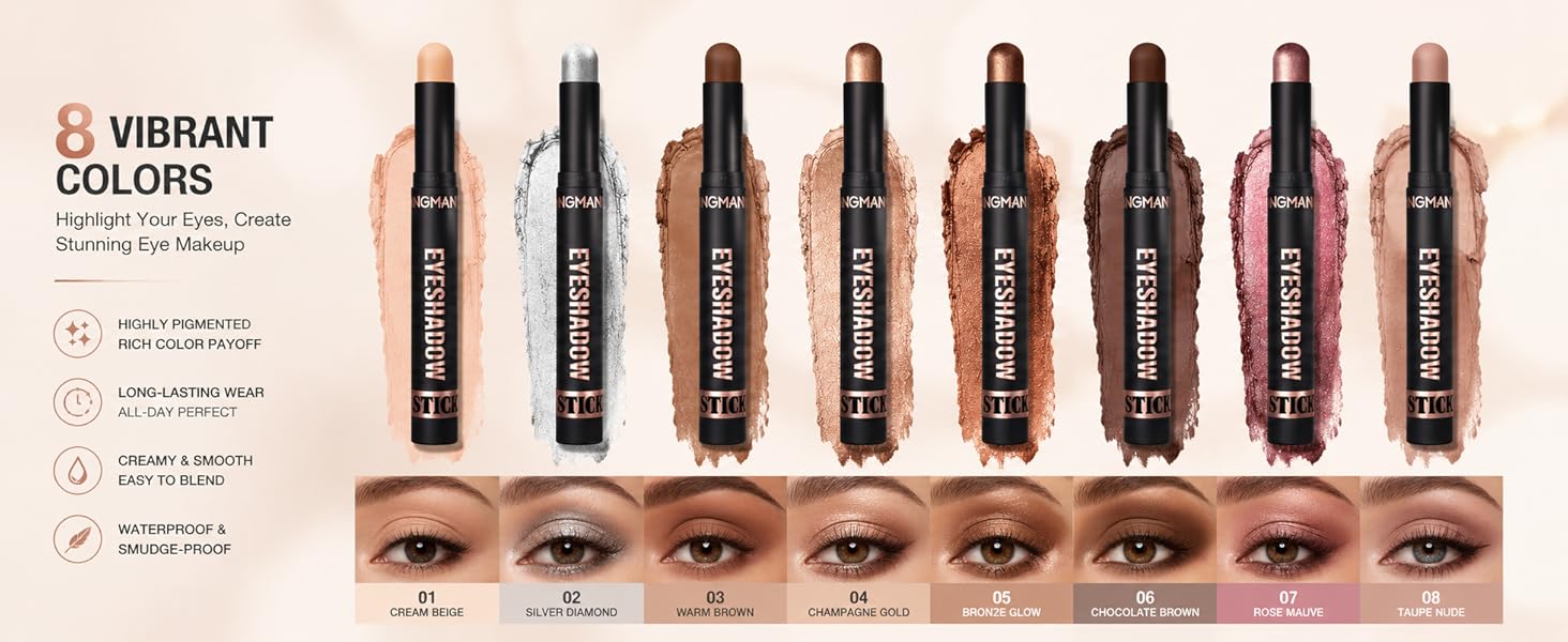 Shimmer Eyeshadow Stick Set, 8Pcs Cream Eye Shadow Brightener Stick Colorful Glitter Eyeshadow Pencil - Waterproof & Transfer-Proof Brown Bronze Nude Neutral Eyeliner Makeup for Girls Women