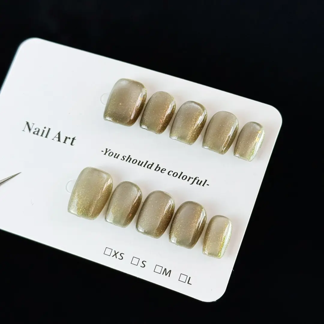10pcs high-end Simple and elegant style, hand-painted dark green, dazzling cat eyes, Squoval Shape handmade fake nails, Nail stickers Suitable for daily office attendance, spring and summer outings, park gatherings, camping, and kite flying.