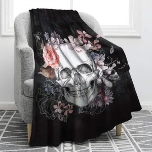 Sugar Skull Blanket | Skeleton Rose Design Black Print Throw for Halloween Sofa Bed Office Gift