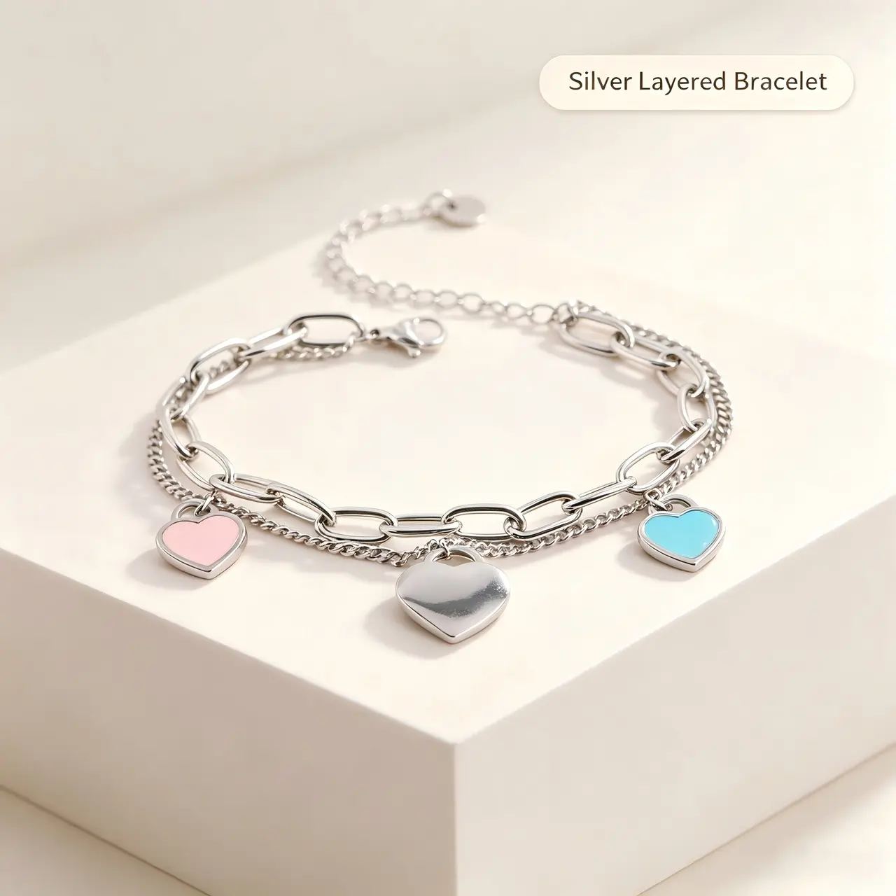 Titanium steel fashion girly pink and blue enamel (with text) heart pendant double-layer women's bracelet, versatile and suitable for all occasions