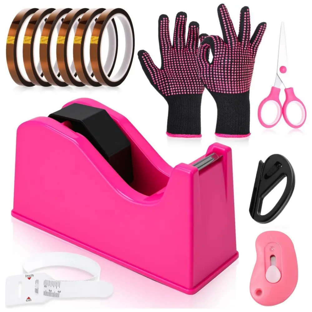 12 pcs Pink Heat Tape Dispenser Set Sublimation Tape Dispenser Heat Resistant Gloves with Silicone Bumps 6 Pcs Heat Tape Cutter Measuring Ruler Scissor