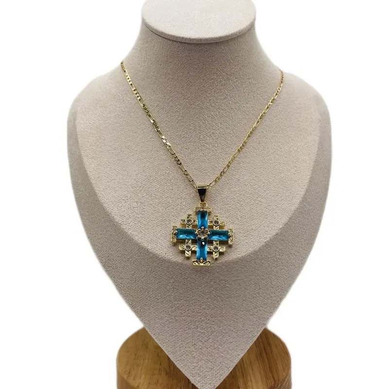 Aqua Blue Jerusalem Cross Necklace - Symbolizes Faith & Devotion to God