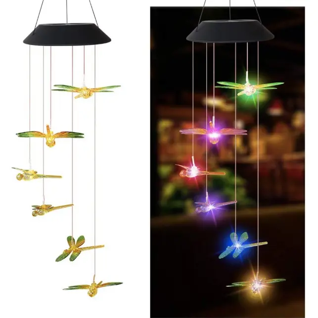 Solar Dragonfly Wind Chime | Color changing LED Outdoor Light, Waterproof Garden Decoration&Women's Gift,Backyard Starter Kit,Hummingbird Garden Set,Magical Backyard Lights for Halloween & Christmas,Solar Garden Lights for Fall Outdoor Decoration