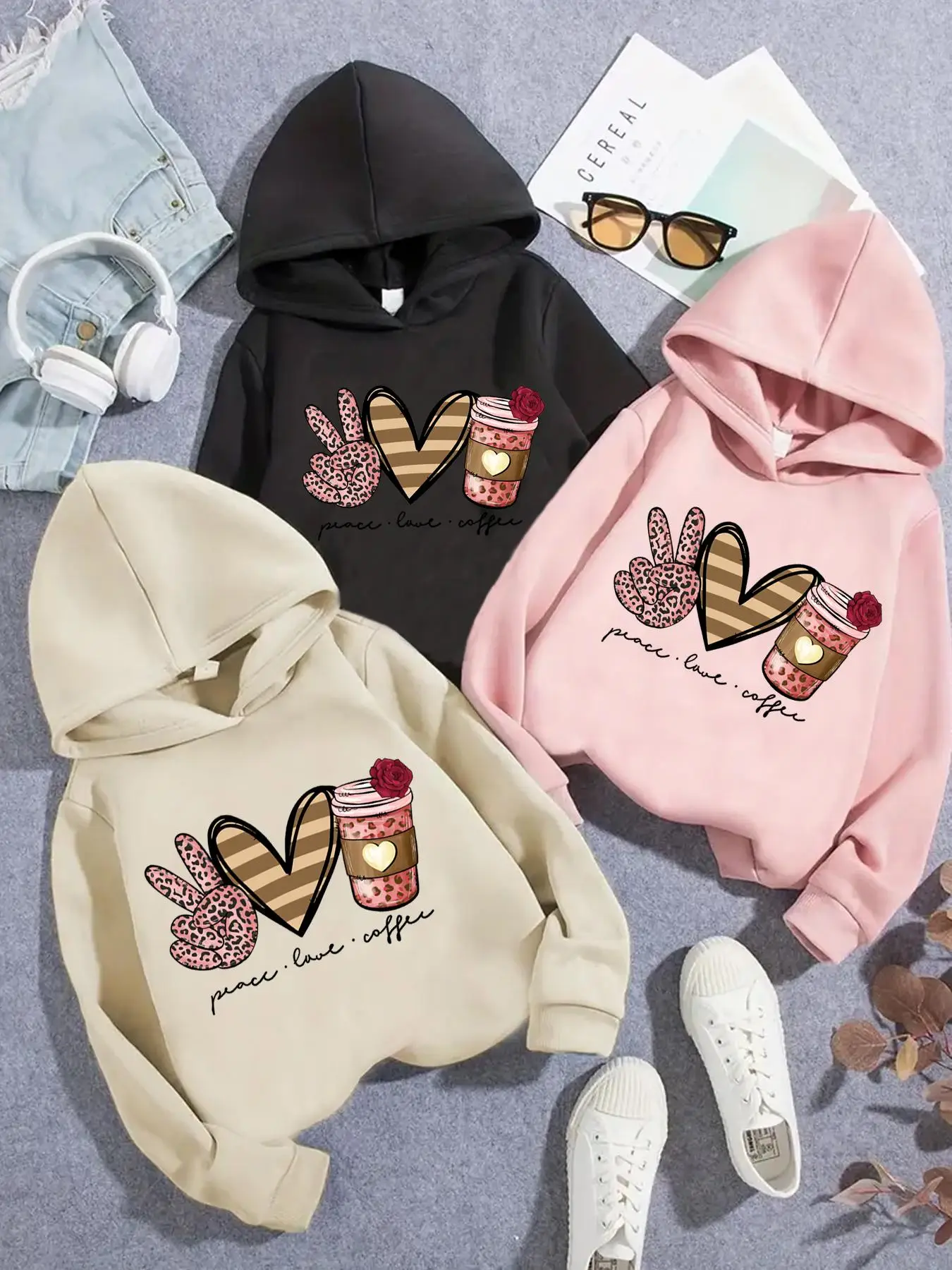 Girl's Cartoon & Letter Print Drop Shoulder Hoodie, Fashion Casual Long Sleeve Hooded Sweatshirt for Daily Holiday Outdoor Wear, Girls Clothing for Fa