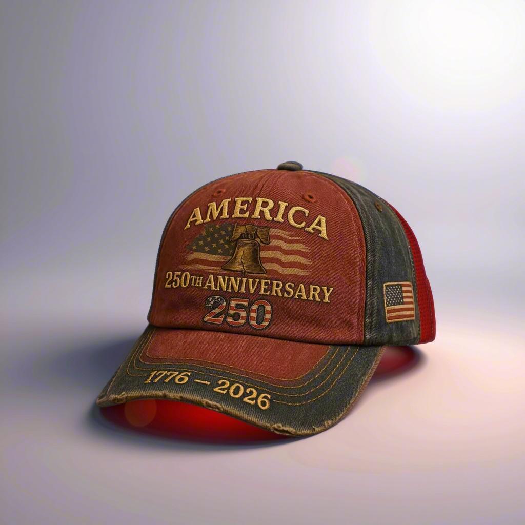 Patriotic Baseball Cap Celebrating 250th Anniversary (1776 - 2026) "250th Anniversary" logo, an embroidered American flag pattern, and the year marking "1776-2026". It is perfect for history enthusiasts, patriots, fathers, husbands, or friends to wear.