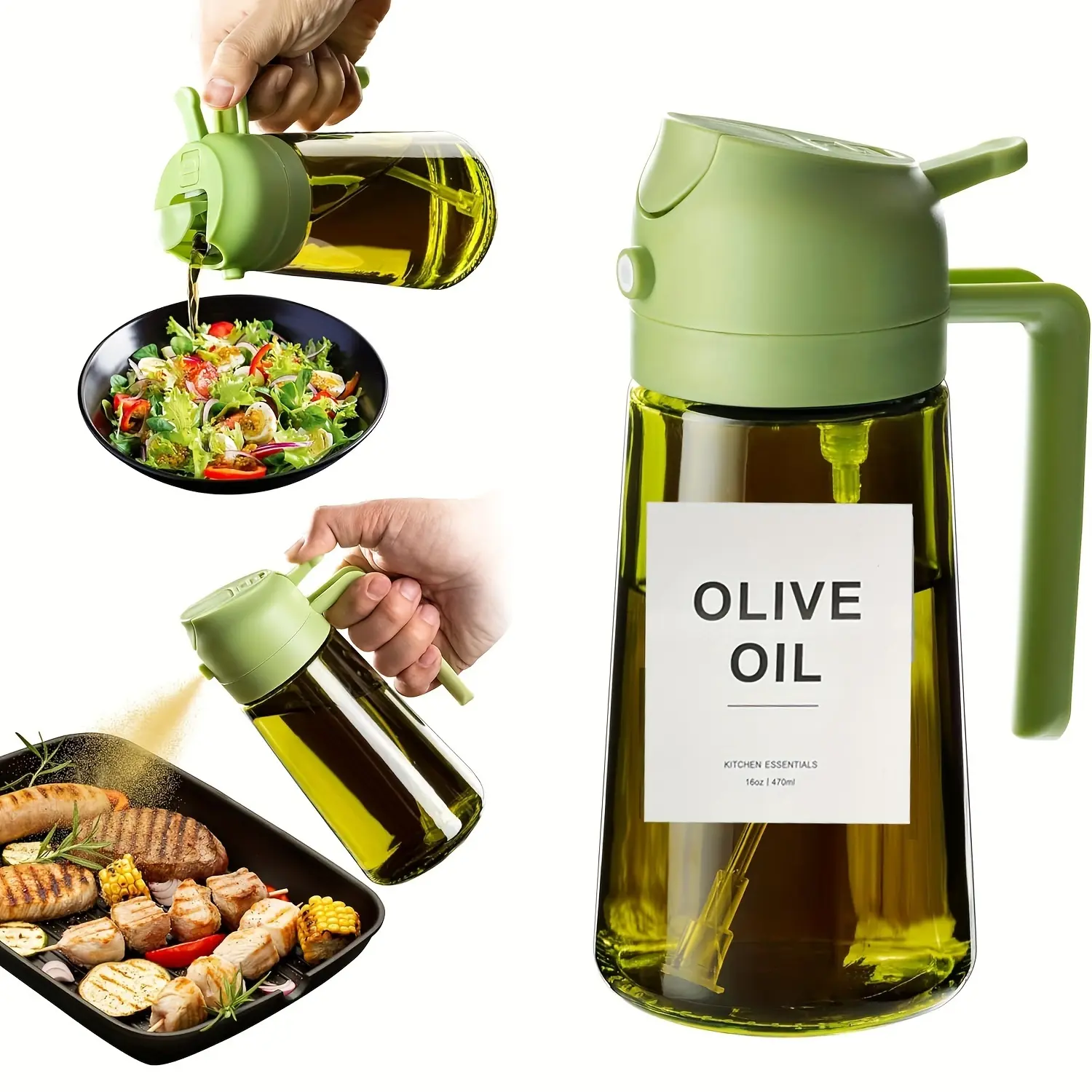 [Kitchen Accessory 16oz] This Is a Versatile Kitchen Accessory That Combines an Olive Oil Bottle And a Cooking Spray Bottle. It Features an Automatic Flip-Top Design, Holds 16 Ounces, And Comes in a Light-Blocking Olive Green Color. It Also Includes