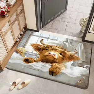 Cute Highland Cow Bath Mat, Anti-Slip Durable Rug, Soft Little Cow Bubble Bathtub, Bathroom Window Decor, Ideal for Entrance and Bathroom