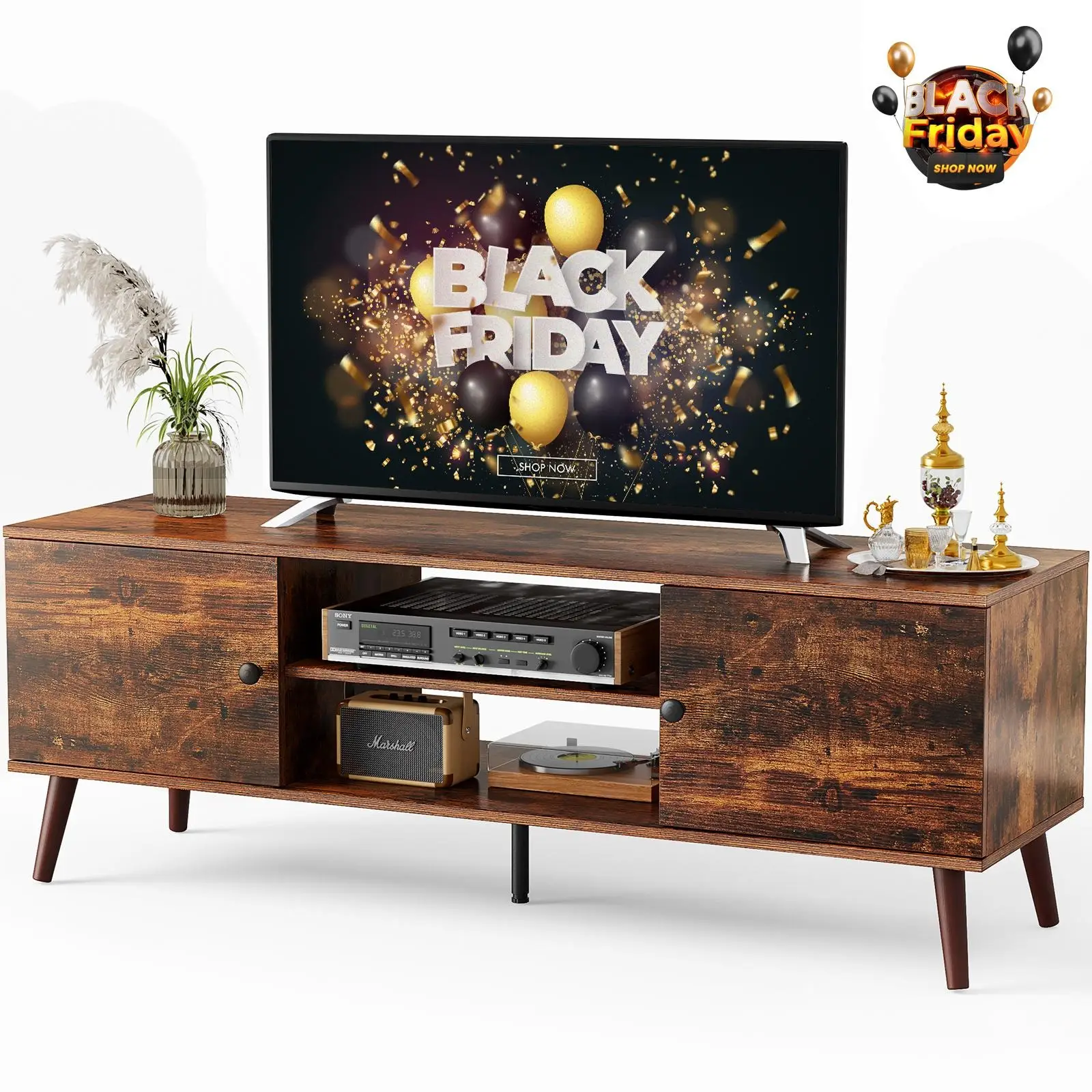 Sweet Furniture F TV Stand, Mid Century TV Cabinet, Modern TV Console, Entertainment Center with 2 Storage Cabinet and Open Shelf, Wood TV Table for L