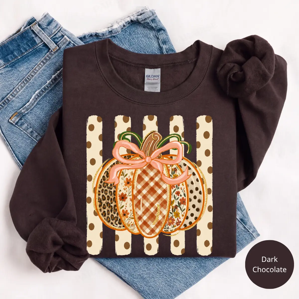 Preppy Fall Pumpkin Gildan Sweatshirt or T-Shirt, Coquette Floral Autumn Graphic, Gingham Leopard Pattern, Thanksgiving Pumpkin Spice Shirt