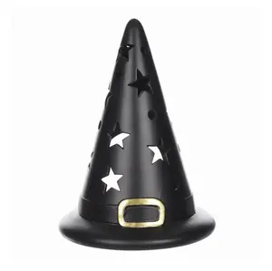 Halloween Outdoor and Indoor Black Witch Hat Clay Lantern, 13 in, by Way To Celebrate