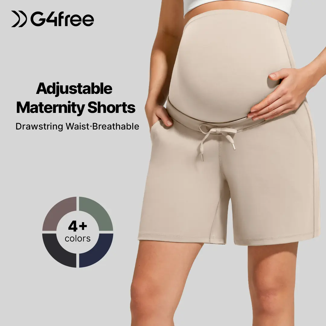 G4Free EverGoing Maternity Athletic Shorts with Pockets Over The Belly Drawstring Casual Pregnancy Shorts Yoga Workout