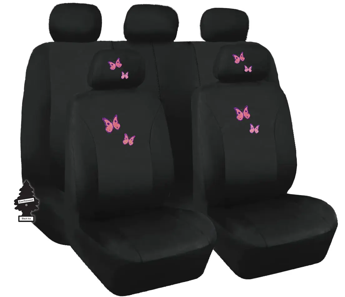 Purple Pink Butterfly Embroidered Car Seat Covers Set | Aesthetic full car seat cover set featuring custom purple and pink butterfly embroidery. Split bench compatible