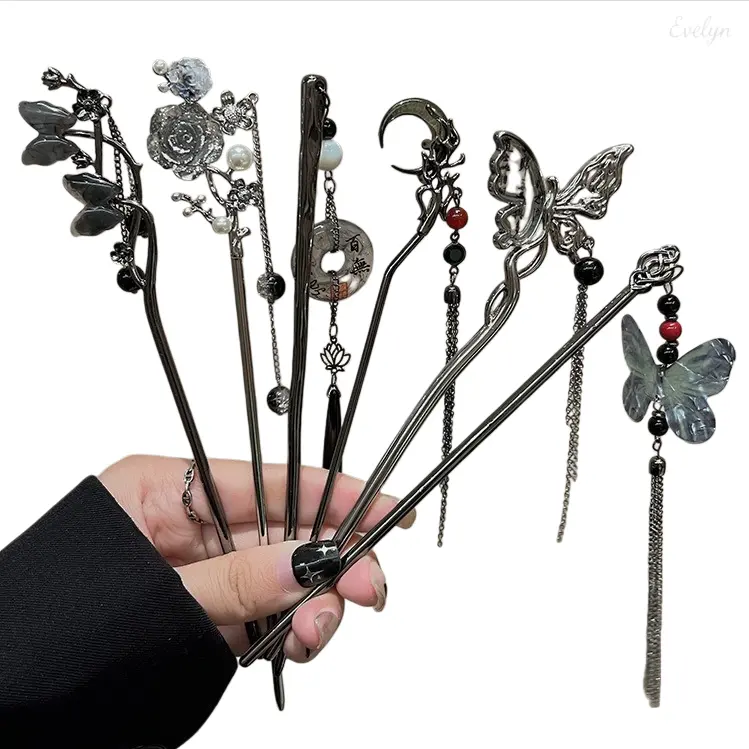 Dark Academia Metal Hair Stick Set, Gothic Tassel Hairpin, Floral/Butterfly/Moon Design, Chinese‑Style Hairstyle Accessory