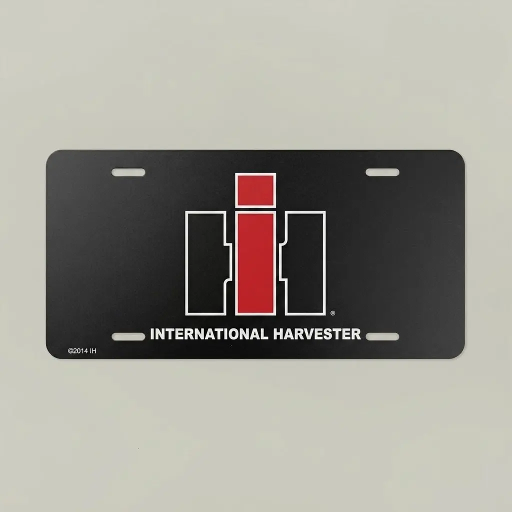 Classic Red White Tractor Emblem Decorative Front License Plate, Black Farm Equipment Car Tag for Truck, Barn, Garage and Farmer Gift