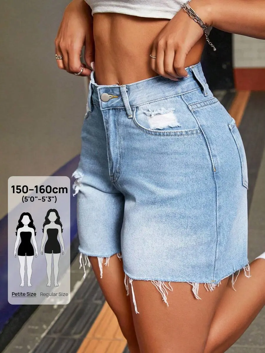 DenimCo Women Casual Denim Shorts Ripped Detail Frayed Hem Pockets Petite