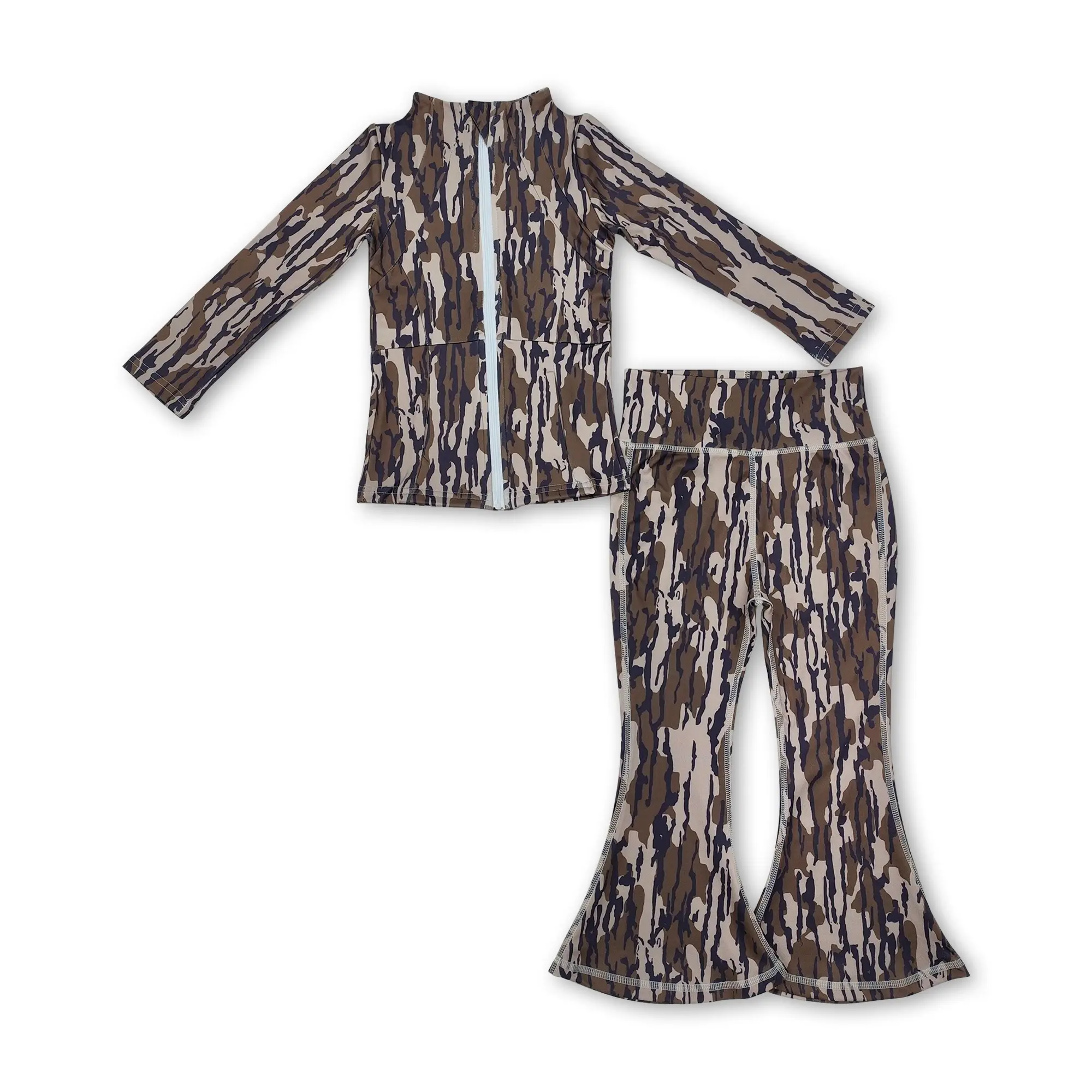 Girls' 2-Piece Athletic Outfit, Sporty Camo Print Long Sleeve Crop Top and Leggings for Yoga & Game Day, Sporty Kids Style