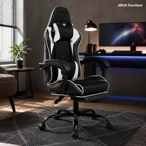 Sports Car Style Computer Gaming Chair - PU Leather, Molded Sponge Back, Ergonomic Design, Massage Lumbar Support, Comfortable Indoor Gaming Office Furniture (White)