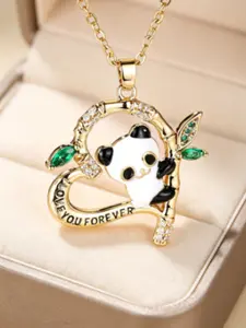Chinese Style Creative Heart Panda Bamboo Pendant Necklace, Cute Cartoon Animal Jewelry, Fashionable Unisex Lockbone Chain