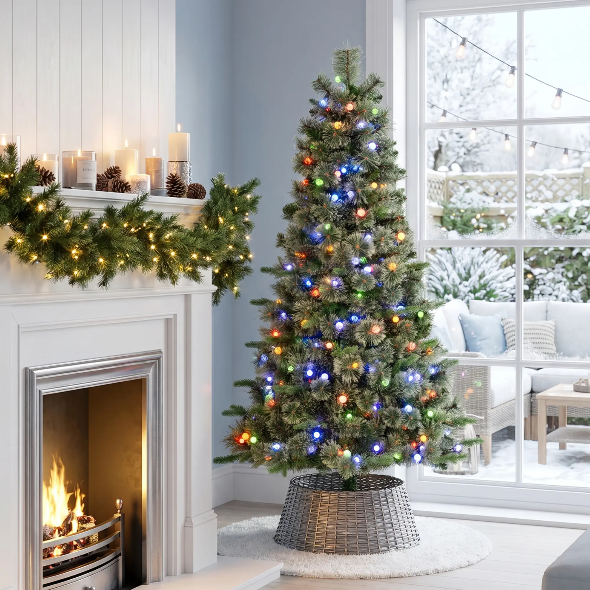 【Christmas in July】 Glitzhome 6ft/7.5ft/9ft Pre-Lit Green Cashmere Slim Pine Artificial Christmas Tree with Warm White and Multi-color Globe LED Lights, 9 function w/ Foot Pedal and Remote Control