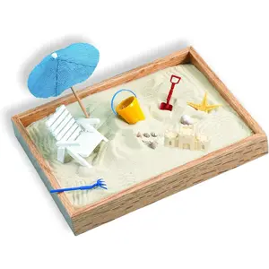 Executive Sandbox - Beach Themed Zen Garden - Desktop Stress Relieving Office Decor - Includes 8” x 10” Hardwood Sandbox, 8 Seaside Accessories, and Ultra-Fine Sand