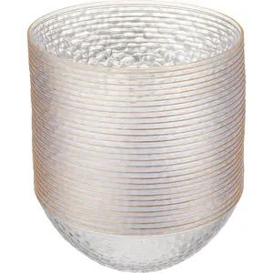 30 Pack 12 Ounce Hammered Plastic Bowls, Heavyweight Disposable Bowl Set, Elegant Clear with Gold Rim, BPA Free, for Parties, Dinners, Events