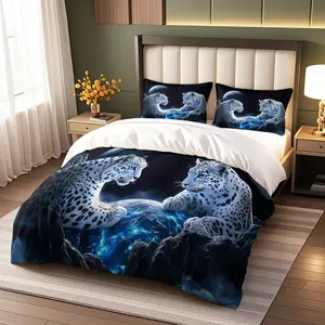 Snow Leopard Starry Print Bedding Set (1 Fitted Sheet + 2 Pillowcases), Fantasy Natural Style, Soft Comfort, Bedroom Guest Room Decor, Decorative Bedding Set