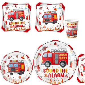 Fire Truck Themed Disposable Paper Cups, Tissues, Tablecloths, Banners & Decorative Items for Fire Drill Events