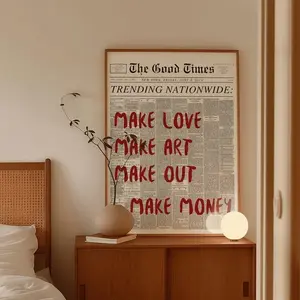 Trendy Typography Print, Vintage Poster, Black and White Wall Art, Retro Aesthetic Print, Trendy Newspaper Print, Make Love Make Money Print