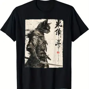 Samurai Cat Warrior Ukiyo-E Ink Art Graphic Cotton T-Shirt, Men's Black Japanese Style Tee
