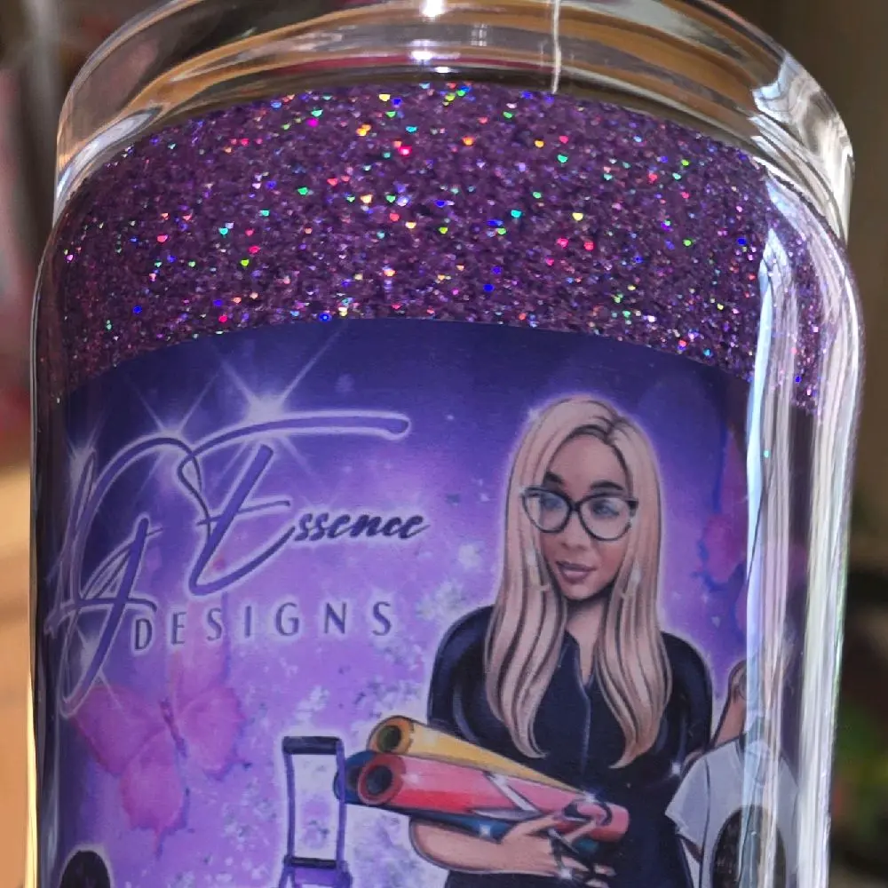 VA Essence Designs Logo Tumblers with Sparkling Purple Glitter and Character Illustration